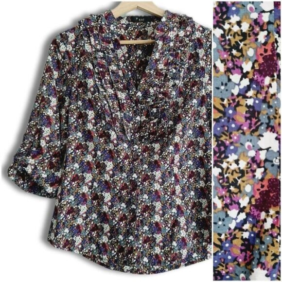 XXI FOREVER 21 Button Down Ditsy Floral Ruffle Detail Blouse Top Colorful Sz S - Picture 1 of 15